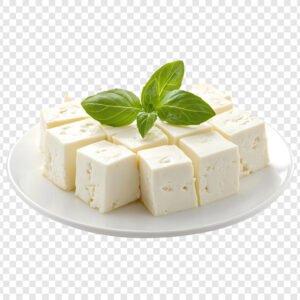 Fresh Cubes of Creamy Feta Cheese on a Plate, Garnished with Basil Fromage local – 250g